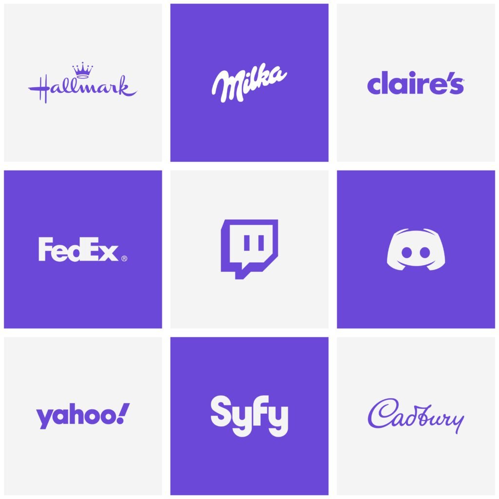 A 3x3 grid of famous brand logos in purple theme, including Hallmark, Milka, Claire’s, FedEx, Twitch, Discord, Yahoo!, Syfy, and Cadbury.
