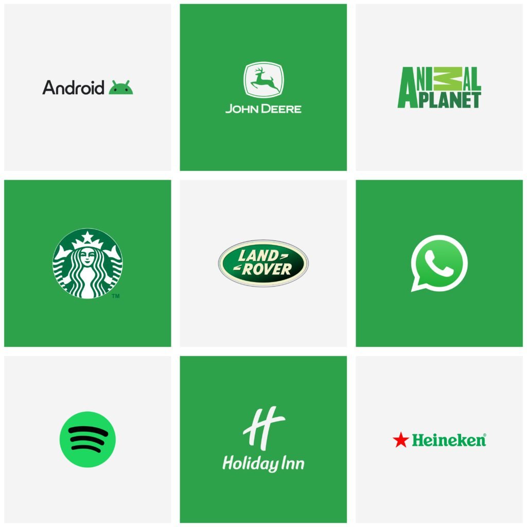A 3x3 grid of famous brand logos in green theme