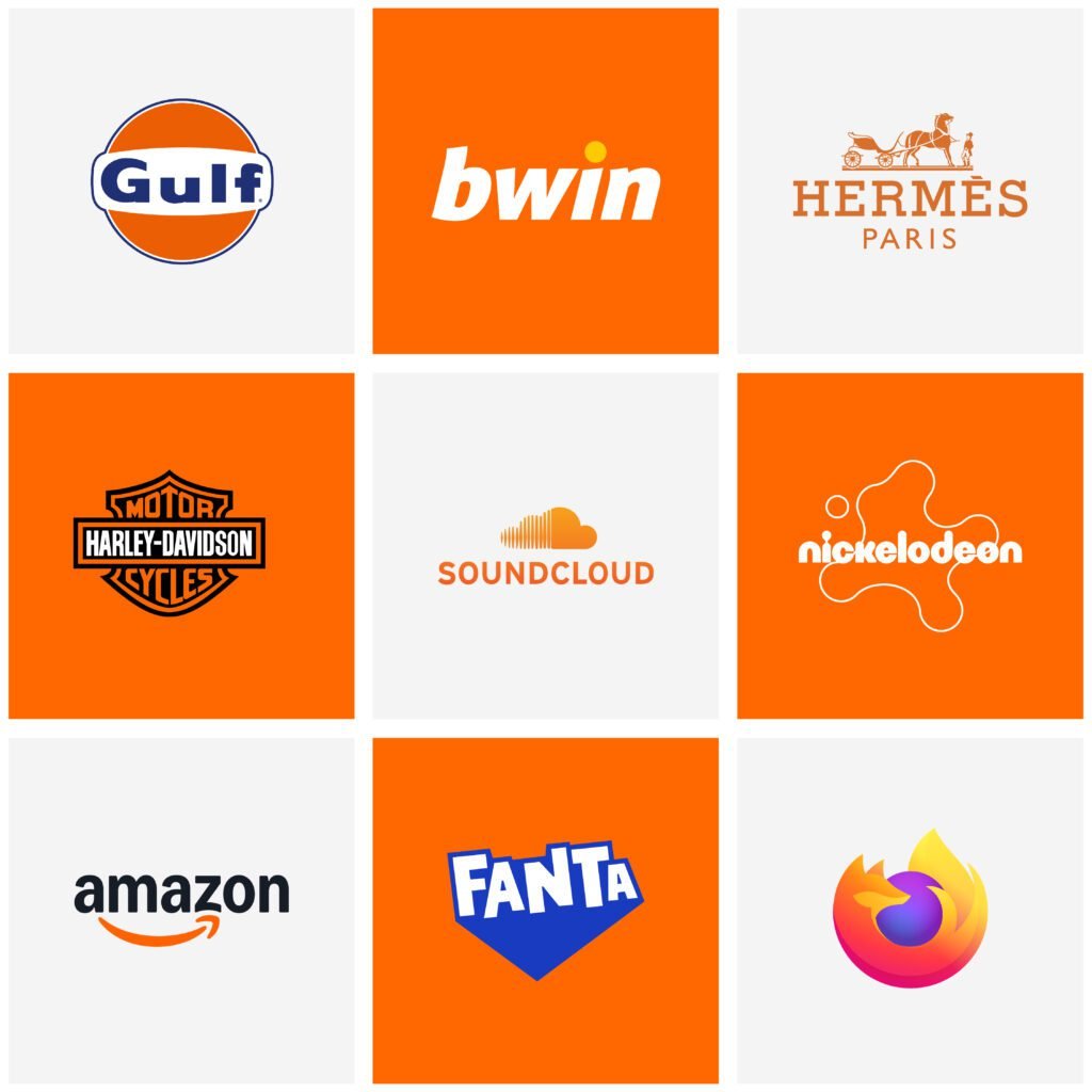 A 3x3 grid of famous brand logos in orange theme,