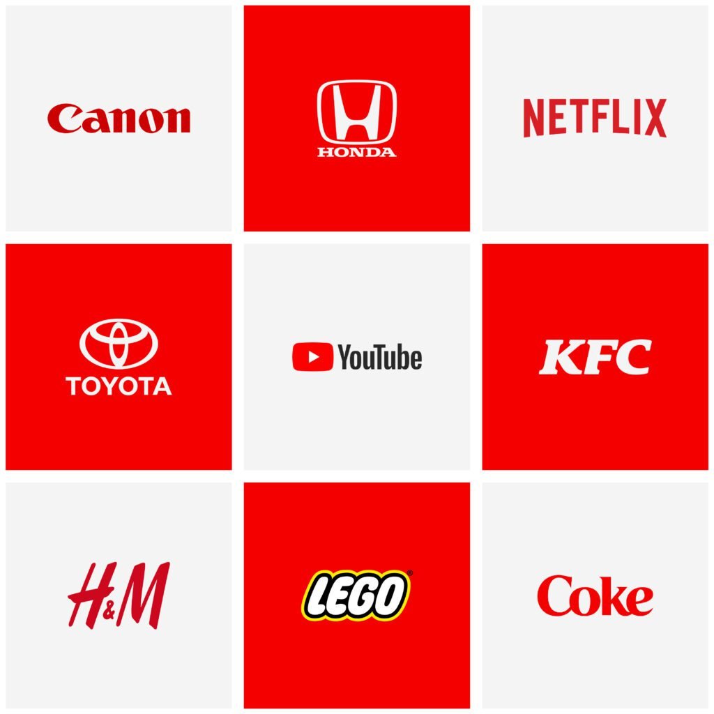 A 3x3 grid of famous brand logos in Red theme,